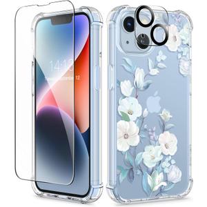 GVIEWIN for iPhone 14 Case Floral, with Screen Protector&Camera Lens Protector, [Non Yellowing] Soft Shockproof Clear Phone Protective Cover for Women, Flower Pattern Design 6.1" (Hibiscus)