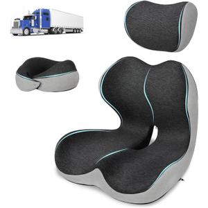 Truck Driver Seat Cushion Set - Memory Foam for Lower Back & Sciatica Pain Relief - Ergonomic Headrest Neck Pillow for Semi Truck & Car Dark Gray
