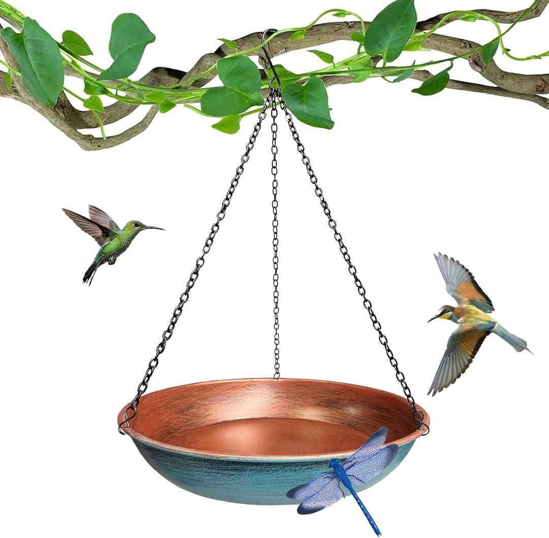 Hanging Bird Bath for Outdoors,11Inch Double Patchwork Birdbath Bowl Window Birds Feeder with 13.5 in Rust-Proof Black Chains Metal Hanging Birds Feeder for Garden Backyard Decor Copper Blue