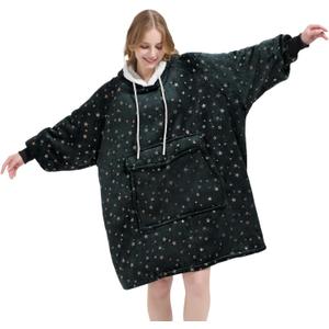 Qeils Wearable Blanket Hoodie for Women, Comfy Sherpa Sweatshirt Blanket as Birthday Christmas Gifts, Oversized Pullover Jacket Blanket Hoodie for Adult (Graphite Foil Star, Adult)