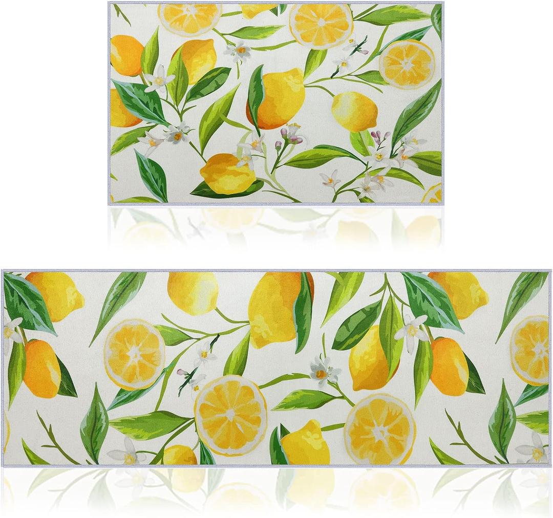 Hanaive 2 Pieces Lemon Kitchen Rugs Set Farmhouse Kitchen Rugs Fruit Runner Mat Non Slip Rubber Backing Area Mat Lemon Doormat Washable Indoor Outdoor Mats Country Decor, 17'' x 30'', 17'' x 47''