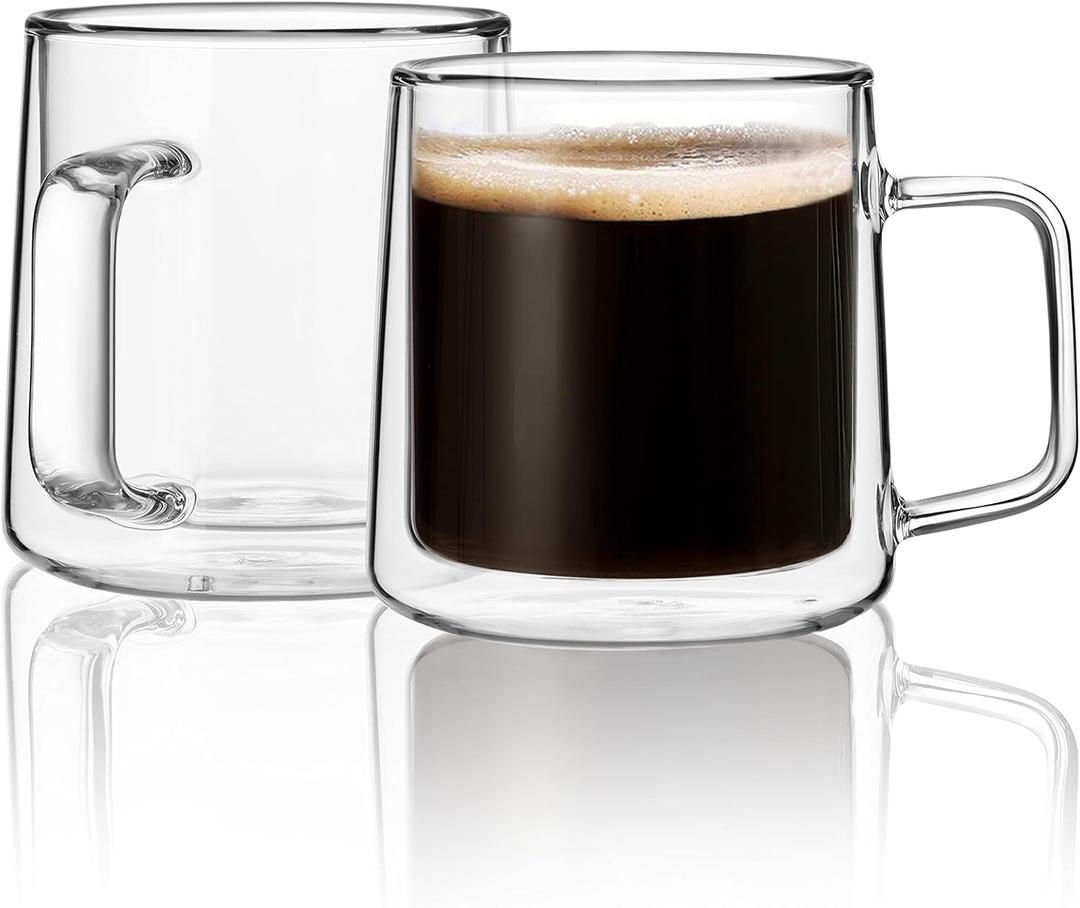 CNGLASS 10oz Glass Coffee Mugs,Double Wall Insulated Glass Mugs with Handle,Clear Espresso Mug for Latte,Cappuccino,Tea Bag,Set of 2