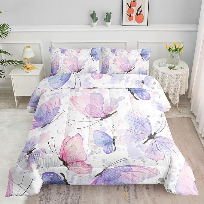 Butterfly Soft Pink Kids Comforter Set - Cute Fluffy Down Duvet, Twin Size, 1 Comforter Set, 2 Pillowcases