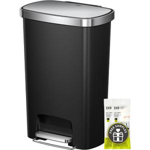 EKO Hana Select 13.2 Gallon / 50L Step Trash Can, Large Plastic Kitchen Trash Can with Stainless Steel Lid, Soft-Close & Stay-Open, Deodorizer Compartment, Wide Steel Pedal Garbage Can for Home, Black