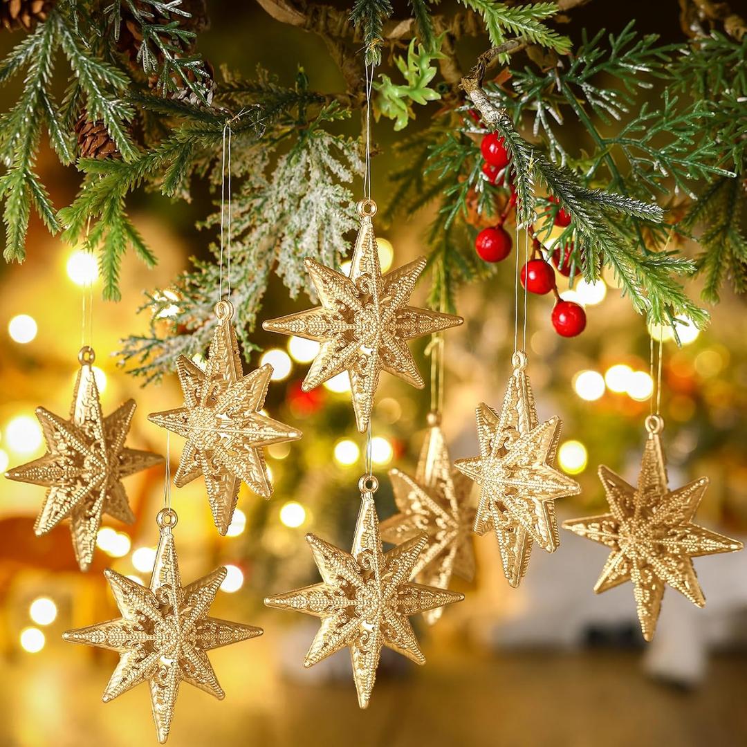 Civaner 24 Pcs Champagne Star Ornaments for Christmas Tree 3.15 Inch Bethlehem Star Ornament 8 Point Champagne Glitter Stars Ornaments 3D Hollow Stars Hanging Pendant for Decoration Xmas Party