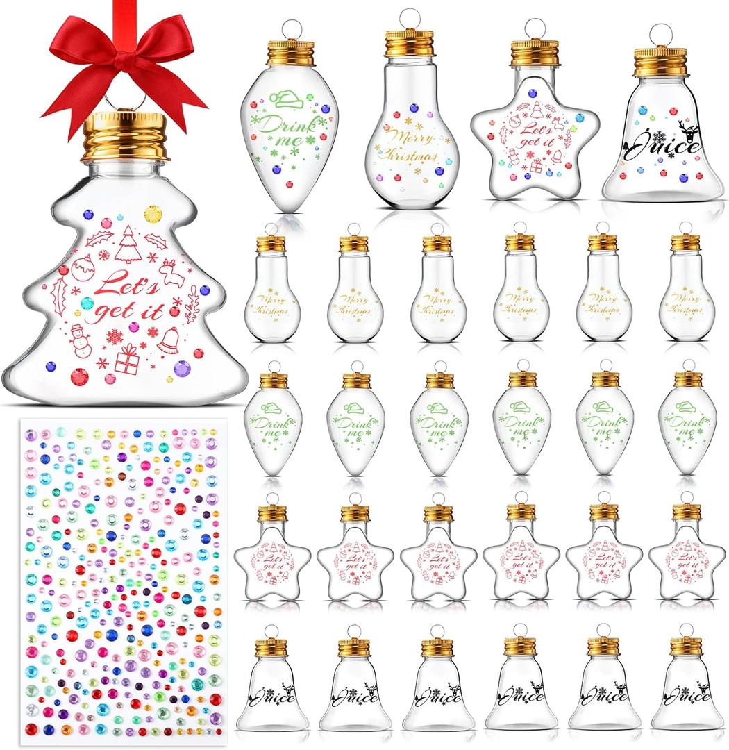 Sliner 48 Pcs Christmas Booze Balls Christmas Tree Hanging Ornaments Clear Plastic Fillable Bulb Pendant Ball Fillable Ornament with Stickers Xmas Holiday DIY Home Wedding Party Decoration, 5 Styles