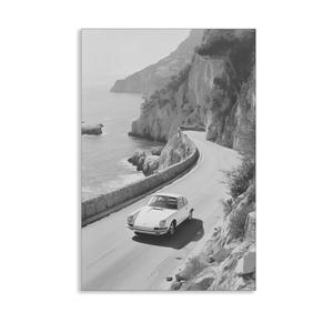xbsifyiooa Black and White Photography Canvas Wall Art, Car Driving In Amalfi Coast Poster, Vintage Italy Coastal Travel Photo Print, Classic Car Picture for European Road Adventures 12x16in Unframed