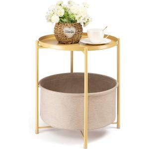 danpinera Round Side Table with Fabric Storage Basket, Metal Side Table Small Bedside Nightstand with Removable Tray Top for Living Room, Bedroom, Nursery, Laundry, Pale Yellow