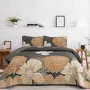 Anibedding 3 Pieces Floral Printed Quilts Set Queen Size, All Season Black Brown Lightweight Bedspread Sets with Shams for Bedroom (King)