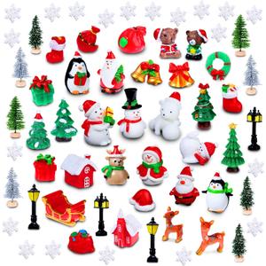 Sawysine 64 Pcs Christmas Miniatures Figurines Santa Xmas Garden Miniature Ornaments Kit Snowman Fairy Resin Ornaments Pine Tree for Garden Accessories(Vivid)