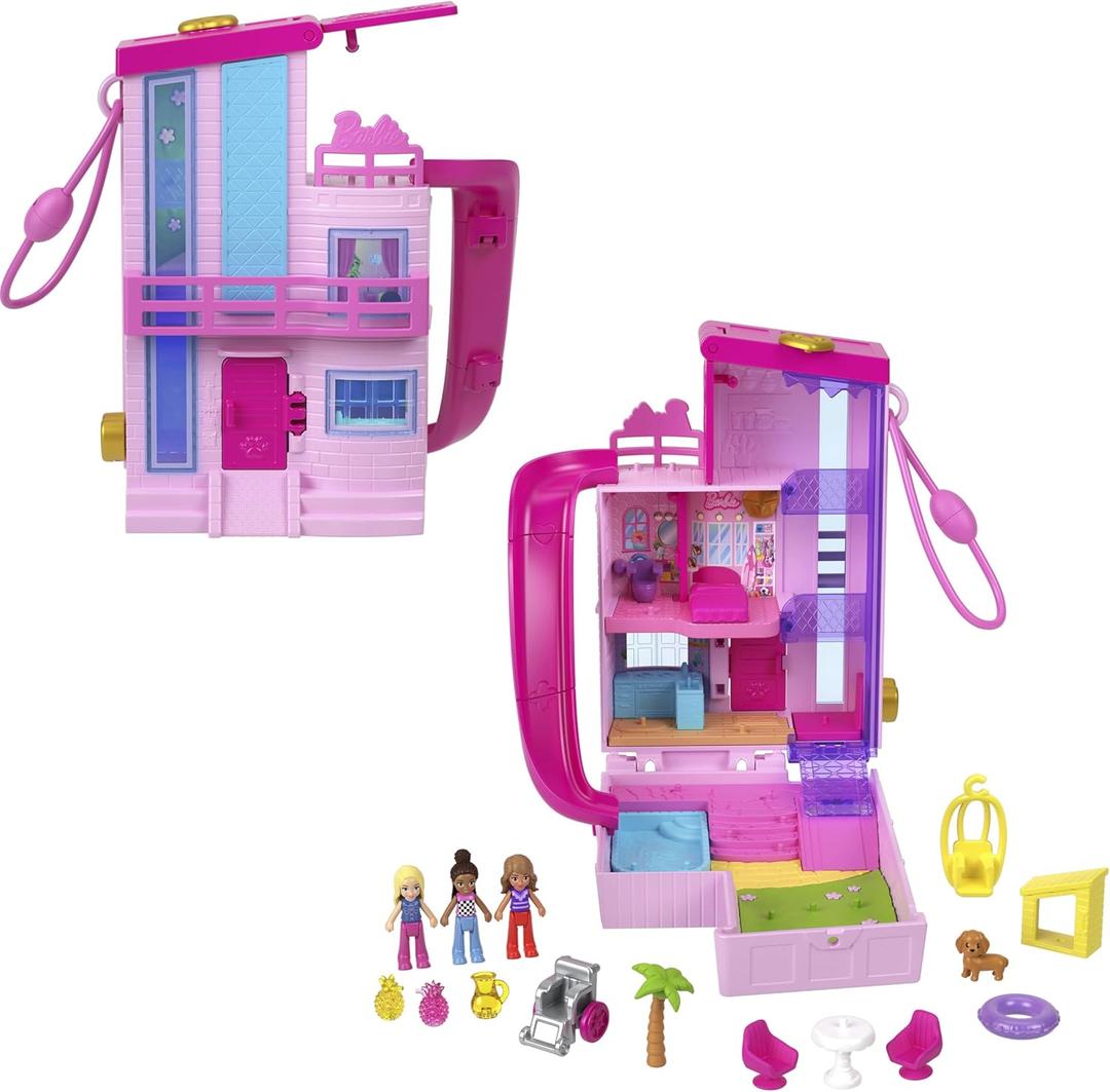 Polly Pocket Barbie Dreamhouse Compact, Dollhouse Playset with 3 Micro Dolls, 1 Puppy, 11 Accessories, Elevator & Pool (Multicolor)