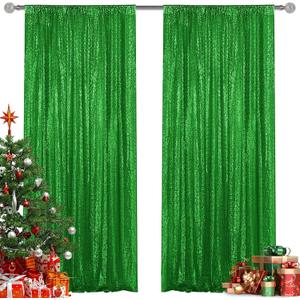 Green Sequin Backdrop Curtain 2 Pieces 2FTx8FT Glitter Photography Backdrop for Party Wedding Birthday Christmas Decorations