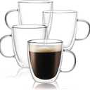 CNGLASS Large Glass Coffee Mugs 17oz,Double Walled Insulated Clear Coffee Cups with Handle,Clear Espresso Mugs for Cappuccino,Latte,Tea Bags,Hot and Cold Beverages,Set of 4