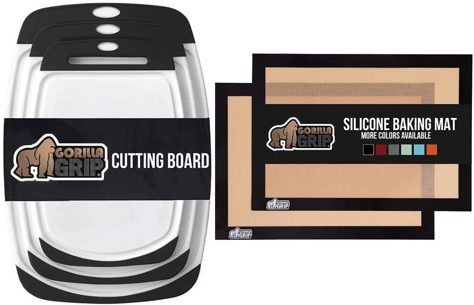 Gorilla Grip Cutting Board Set of 3 and Silicone Baking Mats, 2 Pack, Both in Black Color, Cutting Boards are Reversible, Baking Mats are Quarter Sheet Size, 2 Item Bundle