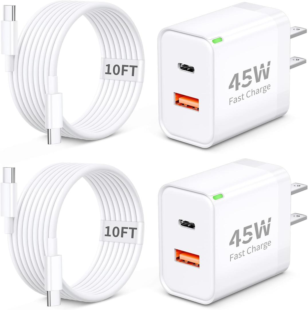 Pixel 10 9 8 Pro XL Charger Fast Charging, 2Pack 45W Dual Port USB C Super Fast Wall Charger Block with 10FT Long Type C to C Cable Cord for Google Pixel 10/10 Pro XL/10 Pro Fold/9a/9/9 Pro/8a/8/7/6/5