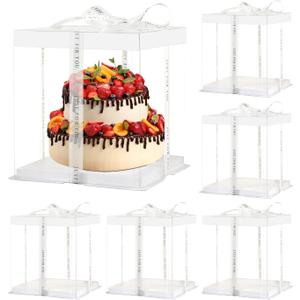 JCD 6Pcs Multi-Layer cake boxLarge Cake PET Clear Box, 10" X 10" X 9" with ribbon and pre-folded lid, for 8" cake packing , baking cookie display, Carry Tall Layer box (White Lid, 10*10*9inch/6Pcs)