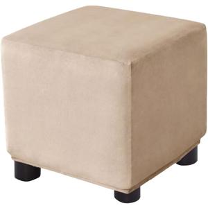 Ottoman Cover Square Velvet Storage Ottoman Slipcovers Thick Stretch Footrest Foot Stool Covers Protector with Elastic Band(Small- Beige-Gray)