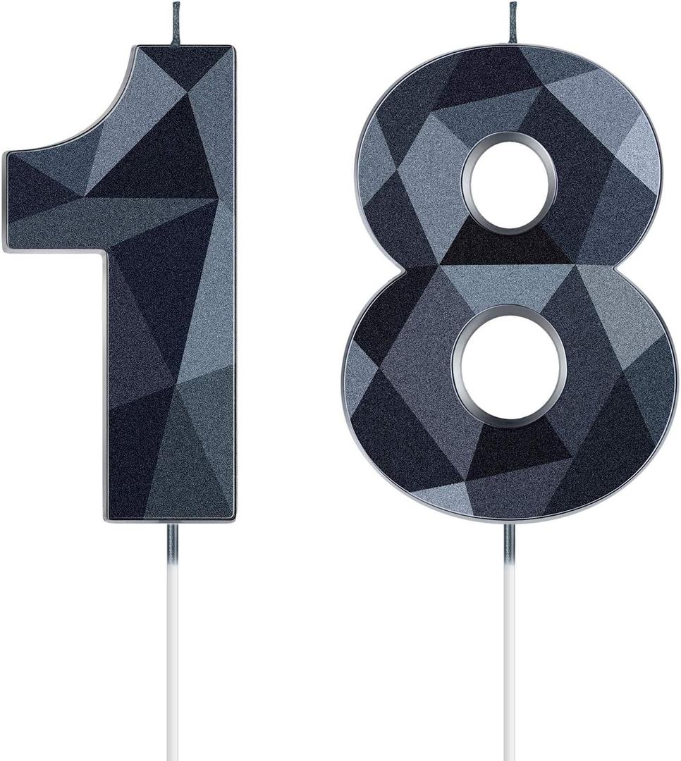 18th Birthday Candles, Black 3D Diamond Shape Number 18 Candles Happy Birthday Cake Topper Decoration for Wedding Decor Theme Party Anniversary, 2 Inch