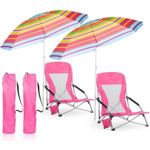 Huwena 2 Pack Beach Chairs with Umbrella for Adults, Low Folding Chair Set, Adjustable Detachable Umbrella, Lightweight Portable with Cup Holder & Carry Bag, for Beach Camping Travel(Rose Red)