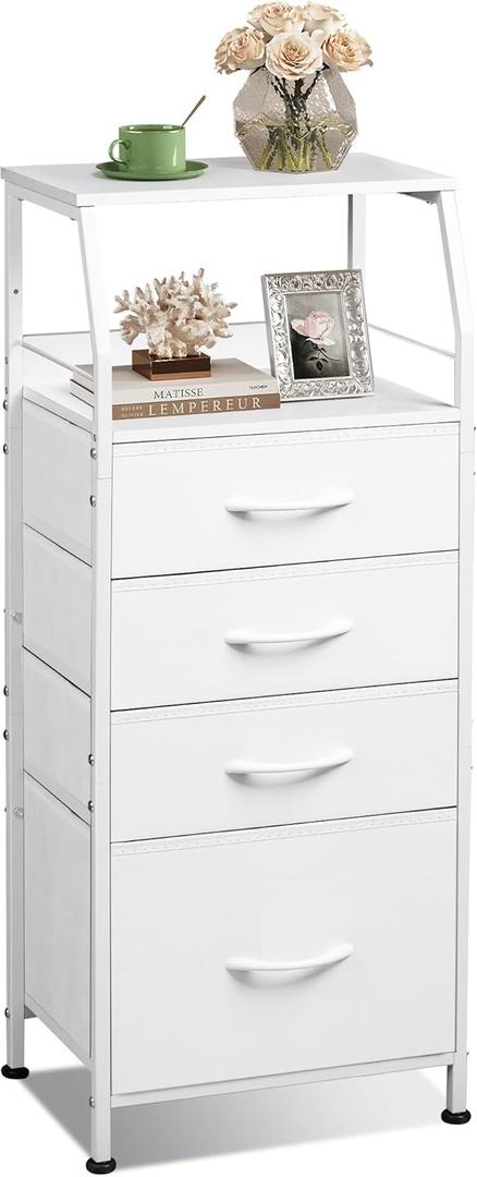 WLIVE Tall Nightstand with 4 Fabric Drawers & Open Shelf, White Bedside Table for Bedroom, Modern Tall Dresser