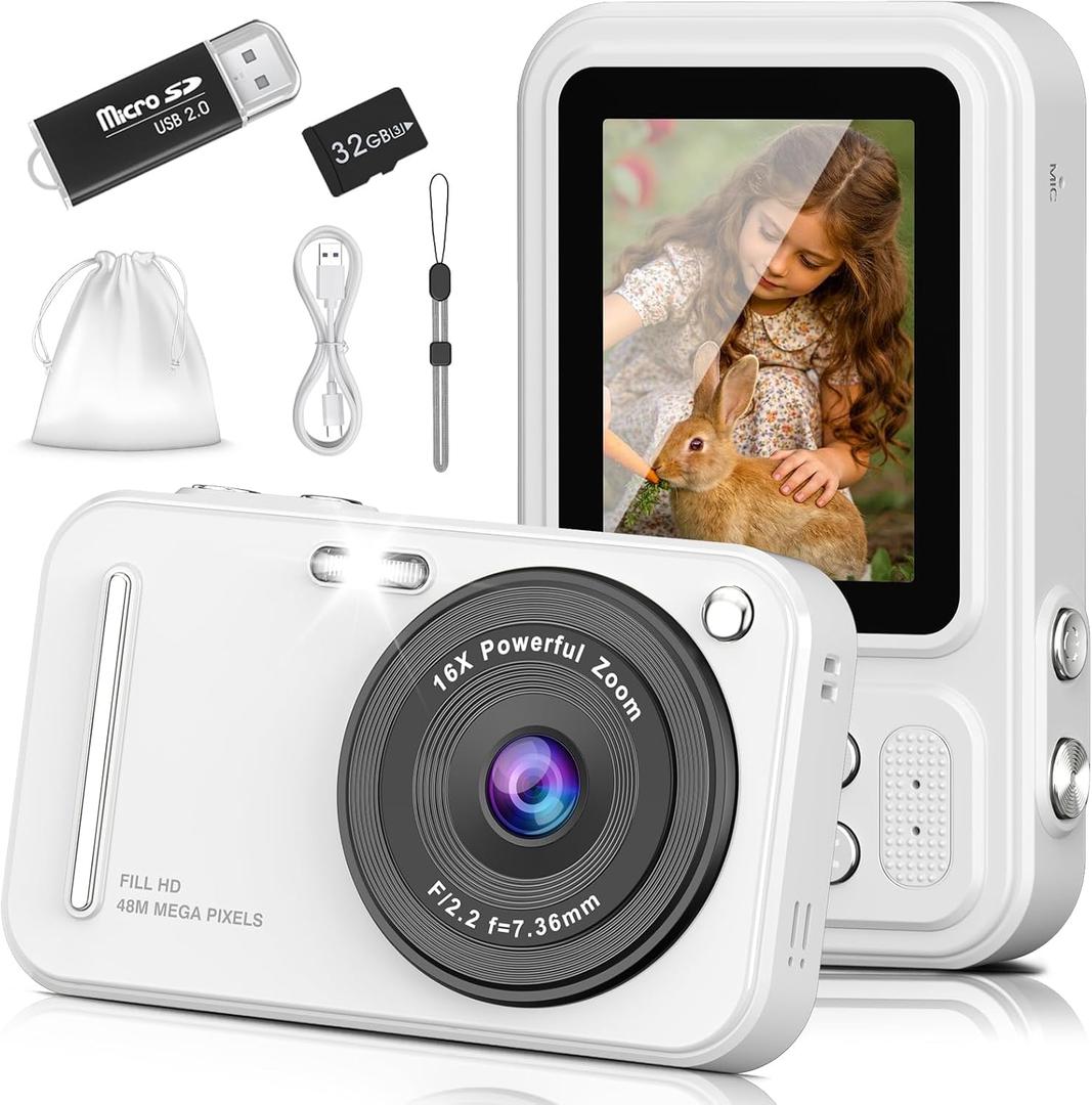 Digital Camera for Kids, 48MP FHD 1080P Point and Shoot Digital Cameras with 16X Zoom Anti-Shake, Compact Portable Cameras for Photography, for Boys Girls Teens Beginners (Pale white)