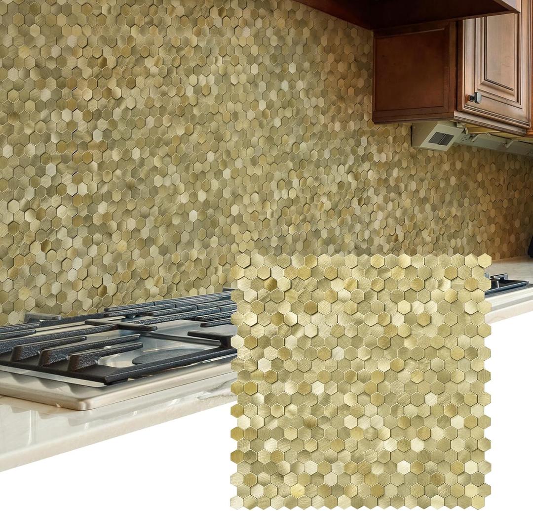 STICKGOO Peel and Stick Backsplash Tiles, Stick on Mosaic Self Adhesive Tiles, 3D Hexagon Backsplash for Kitchen Bathroom Fireplace Vanity (8PCS, Gold)