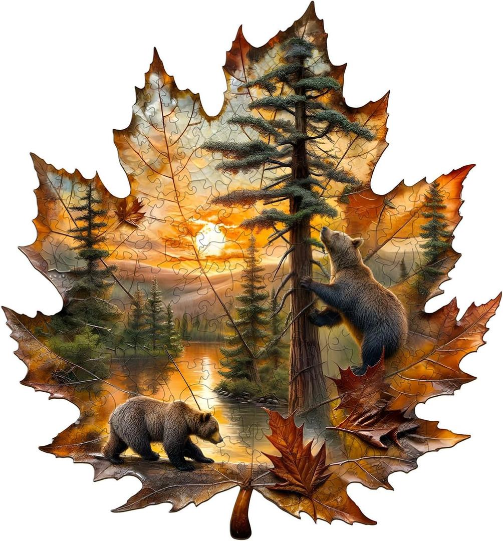 Wooden Puzzles for Adults, Brown Bear Autumn Maple Leaf Wooden Jigsaw Puzzle, Unique Animal Shaped Wood Puzzles Adult, Creative Gifts for Friends/Family/Puzzle Lovers, Home Decor (M-11.4 * 10.6in 155pcs)