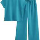 PRETTYGARDEN 2 Piece Outfits For Women Casual Tracksuit Short Sleeve Tops And Wide Leg Long Pants Matching Lounge Sets(Peacock Blue, Large)