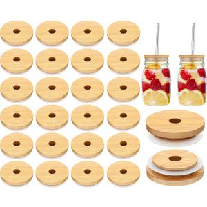 Cunhill 100 Pieces 70mm Bamboo Jar Lids Bulk with Straw Hole for Glass Cups Reusable Mason 2.76 Inch Wooden Lids with Silicone Ring for Beer Can Cups Regular Mouth Drinking Jars