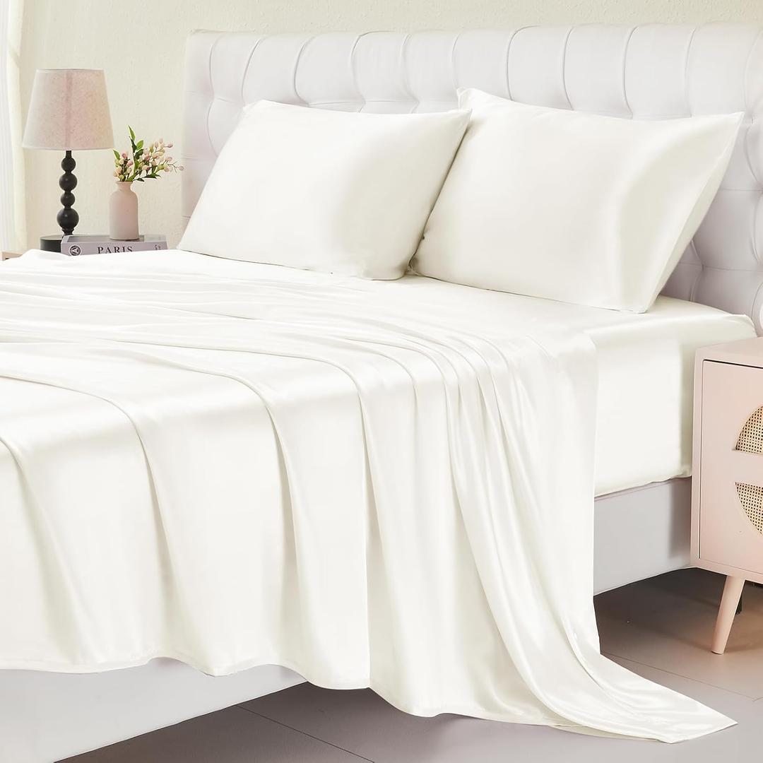 Satin Sheets, King Size Sheets Set, 4 Pcs Cooling Soft Bed Sheets, Silky Bedding Set with Deep Pocket up to 15 Inches-White Satin Sheets, King Size Sheets Set, 4 Pcs Cooling Soft Bed Sheets, Silky Bedding Set with Deep Pocket up to 15 Inches-White