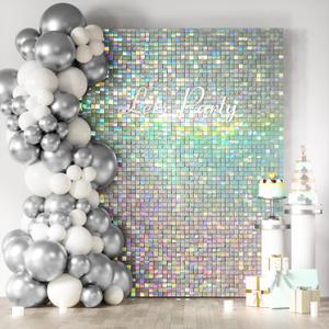 COKAOBE Iridescent Silver Shimmer Wall Backdrop, 24 Panels Square Sequin Shimmer Backdrop, Photo Backdrops for Birthday, Anniversary, Wedding, Graduation & Bachelorette Party Decoration