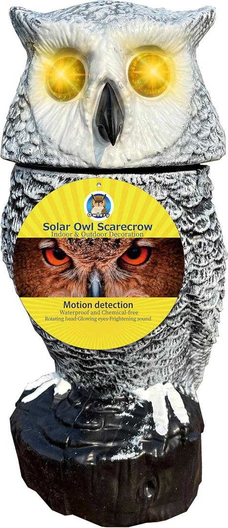 Snowy Solar Owl With Motion Detector, Flashing Eyes, Spinning Head, Realistic Hooting and Silent Mode, Outdoor Statue, Winter Garden Decoration for Home, Patio and Fence