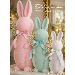 Easter Decorations - 3 Pack Pastel Flocked Bow-Tied Bunny Set (10", 13", 16") - Spring Table Centerpieces for Indoor Decor - Easter Bunny Figurines Decoration for Home Party Office