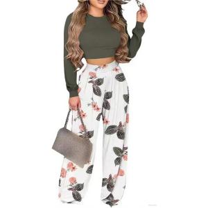 2 Piece Outfits for Women Long Sleeve Crop Top High Waist Wide Leg Long Pant Sets Tracksuit Sport Set (Green, S)