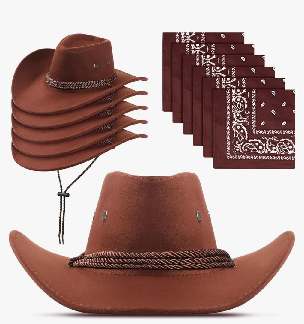 Zhanmai 12 Pcs Cowboy Hat and Bandana Cowboy Cowgirl Hats Bulk Western Party Costume Halloween Accessory Flax