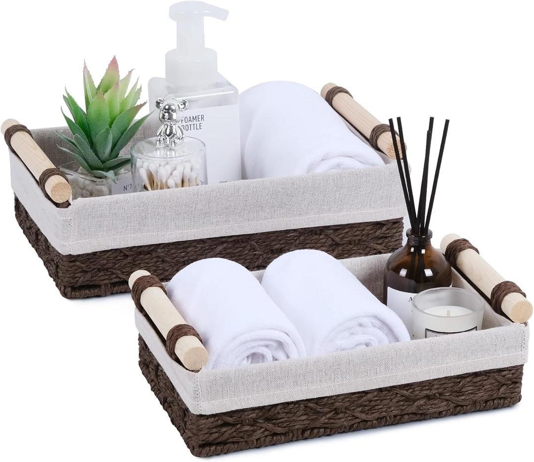 Wicker Storage Basket with Wooden Handle Paper Rope Decorative Toilet Paper Baskets & Bathroom Organizer for Toilet Tank Top, Shelves, Bedroom, Countertop,Home,Office Storage Bins, 2 Pack,Brown