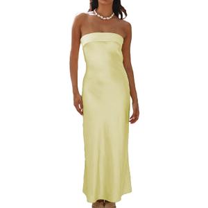 Realtix Satin Silk Backless Tube Tops Maxi Dress for Women Low Back Hollow Out Elegant Strapless Long Dresses Wedding Guest