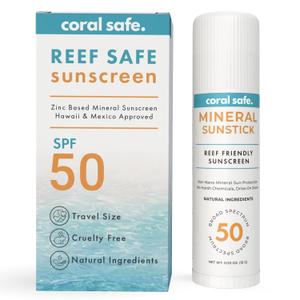 Reef Safe Sunscreen SPF 50 Facestick - Biodegradable, Hawaii & Mexico Approve, Zinc, Vitamin E, Oxybenzone & Octinoxate Free, Water Resistant, Natural Ingredients, Made in USA by Coral Safe (0.5 Ounce (Pack of 1))