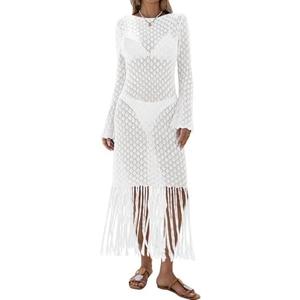 Fisoew Women's Swimsuit Crochet Cover Ups Summer Long Sleeve Tie Back Fringe Hem Beach Vacation Coverup Maxi Dress Size Large