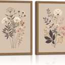 2pcs Framed Botanical Canvas Prints - Neutral Floral Wall Art With Wildflowers - Minimalist Nature Posters For Living Room, Bedroom, Office Decor -Modern Flower Picture 16x24in