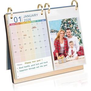 ZEEYUAN 4x6 Desktop Flip Photo Album and 2026 Desk Calendar, Small Desk Calendar Jan 2026-Jun 2027 with Notepads, 4x6 Flip Photo Album on Standing 40 Pockets