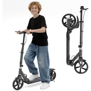 Kids & Teens Foldable Sports Scooter - Height Adjustable, 8-inch PU Wheels, Dual Brakes, Ages 6+, 240 lbs Max Load (Black)