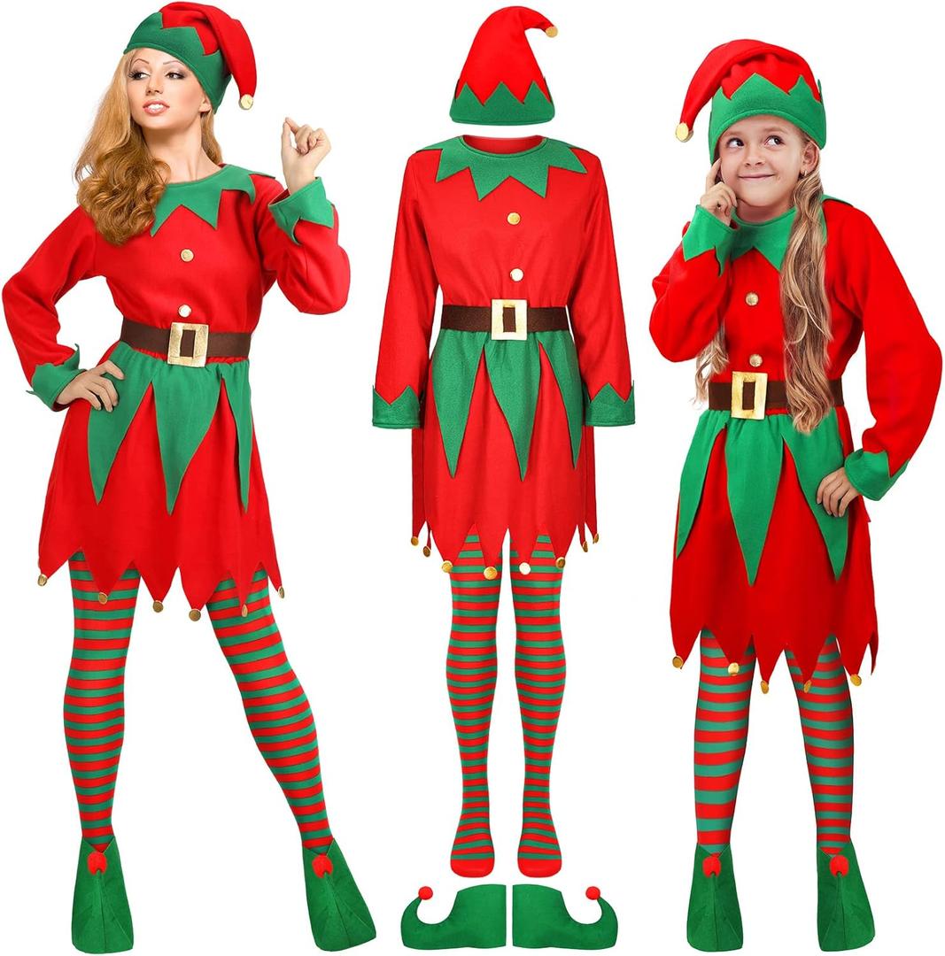 Newcotte Christmas Elf Costume Set Women Costume Suit Hat Dress Stocking Shoe Belt Xmas (Large, Classic Color)
