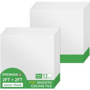 STICKGOO Smooth Drop Ceiling Tiles 2ft x 2ft, PVC Ceiling Tile 24 x 24in - Waterproof, Fire-Rated to Prevent Breakage - Package of 12 Tiles Cover 48 Sq. Ft, White