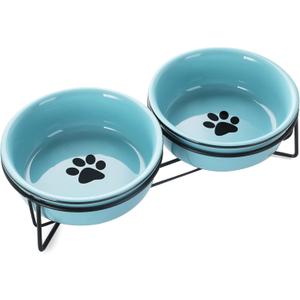 GDCZ Ceramics Raised Cat Small Dog Bowls with Heighten Metal Stand for Pet Food 15 Ounces, Turquoise