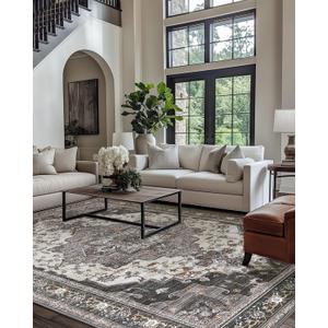 Area Rugs for Living Room 8x10 Machine Washable Rug, Boho Vintage Retro Large Floral Medallion Carpet for Bedroom Dining Room, Low Pile Lightweight Thin Chenille Non Slip RugDark Grey (8ft x 10ft (Rectangular), Area Dark Grey)