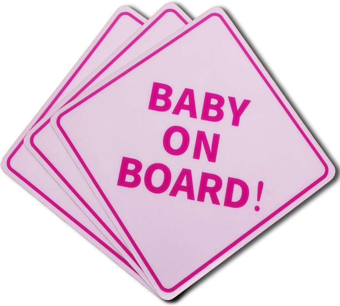 3Pcs Baby On Board Sign for Cars, Pink, 5" by 5" Magnetic Tile for Car, Truck, Van, RVs and Bumper