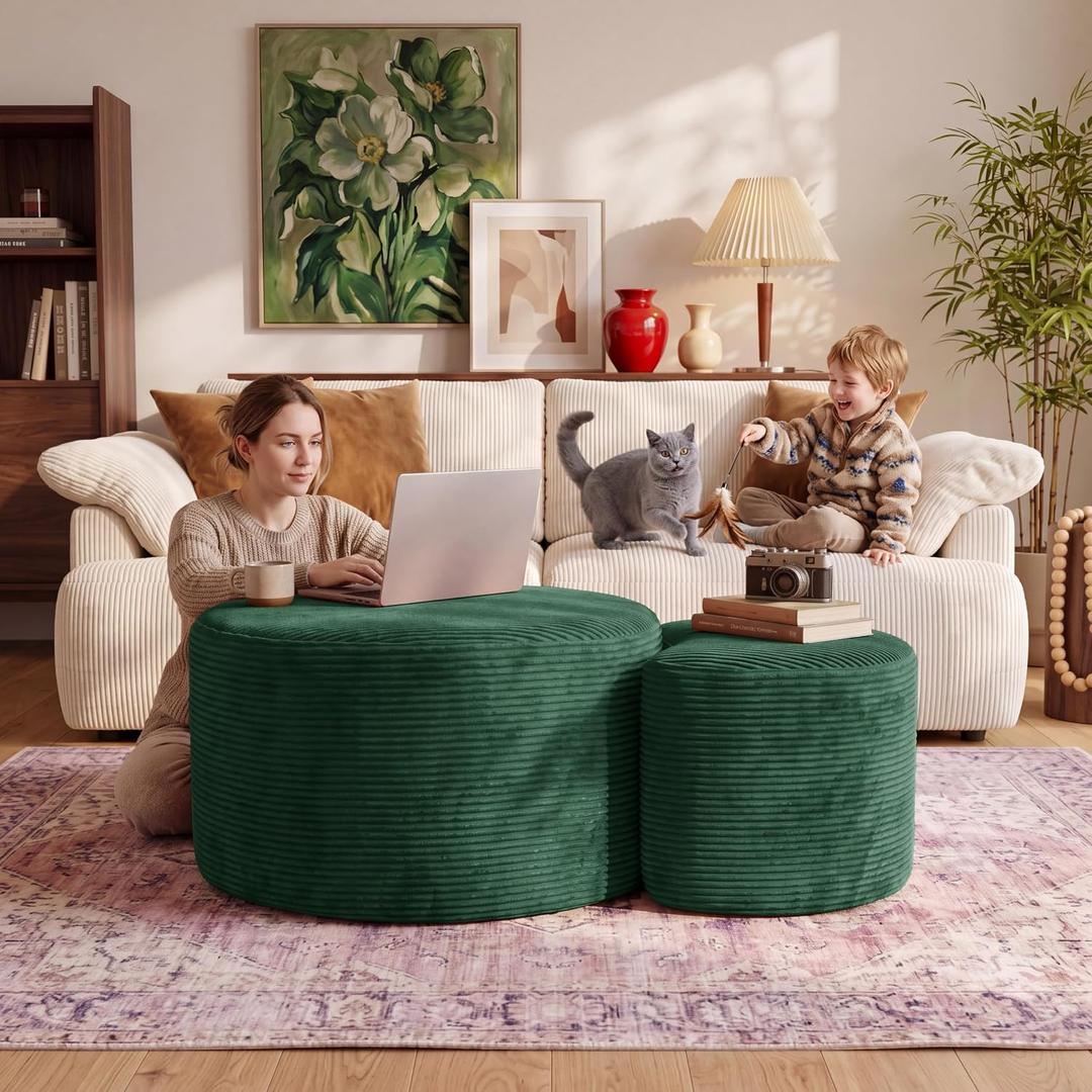 Nesting Coffee Table Set of 2, Upholstered Round Corduroy Circle Foam Round Side Table for Living Room, Entryway Set, 32"+17" Footrest No Assembly (Green, 32"+17")