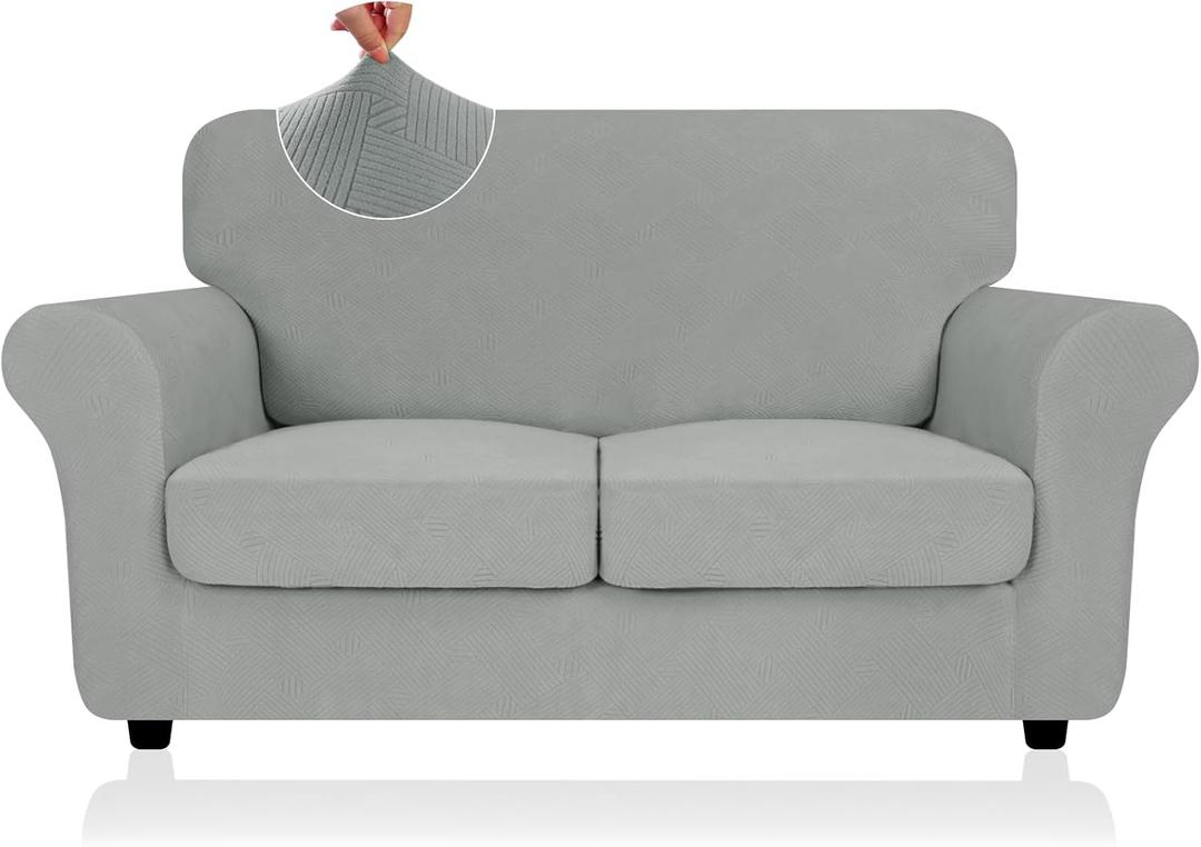 ZNSAYOTX 3 Piece Stretch Loveseat Covers (55"-69"), Thick Striped Sofa Covers for 2 Cushion Couch with Elastic Band Bottom Ties Non-Slip Stay in Place, Soft Durable Love Seat Slipcovers, Light Grey