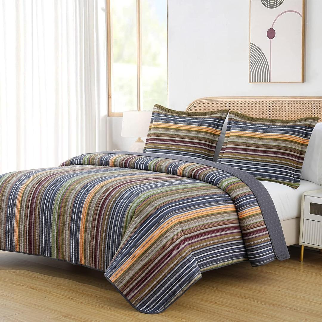 Chezmoi Collection Avery Striped Cotton Quilt Set King Size, 3-Piece Soft Pre-Washed 100% Cotton Quilt, Multi-Color Green Chezmoi Collection Avery Striped Cotton Quilt Set King Size, 3-Piece Soft Pre-Washed 100% Cotton Quilt, Multi-Color Green